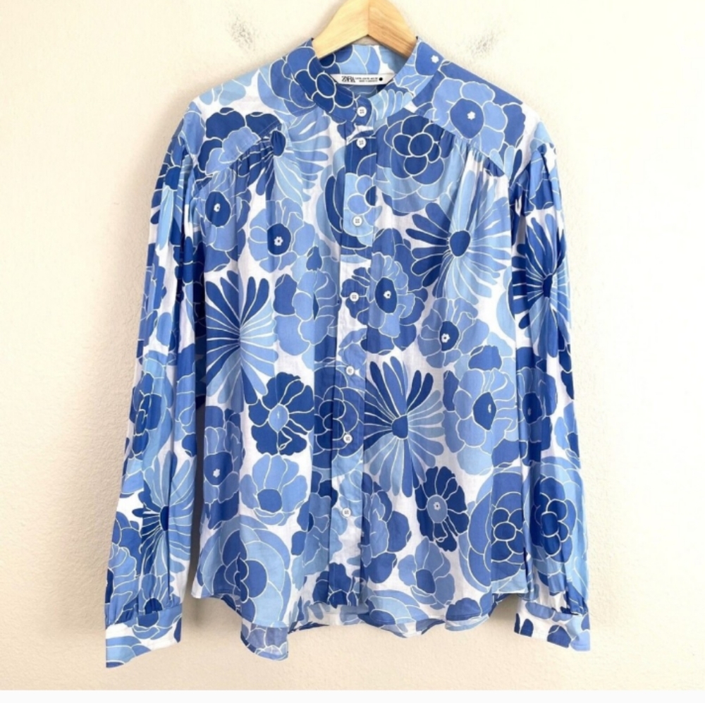 Zara Womens med.Blue Floral Balloon Sleeve Blouse Button Up Shirt Top Collarless